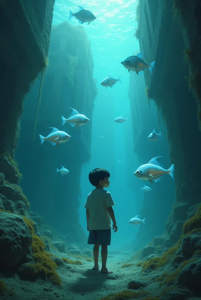 An underwater scene where fish swim, in the style of Rene Magritte, A ??? watches in wonder from his bubble, High key lighting, Liquid Bismuth, Underwater cave, Close-up shot of the ??? amidst this surreal scene, Rendered by Alec Soth with unreal engine 5, Luminism, cinematic lighting, blurry foreground, foreshortening, retina, textured skin, anatomically correct, best quality, award winning