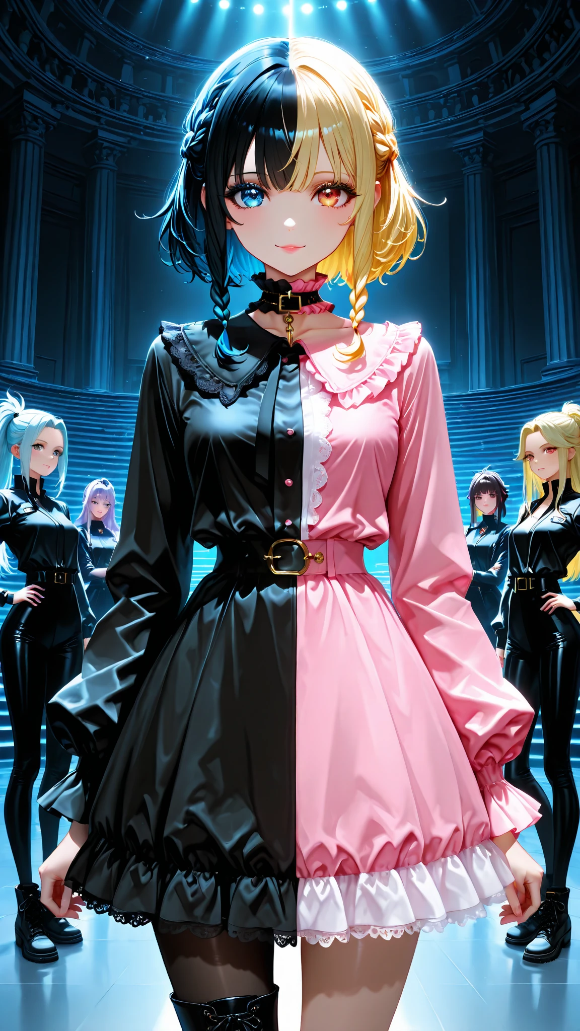 Clean and defined gowns, super colorful, haute couture style in vintage anime of the 90s with surrealist style of Akira, detailed lines in anime art style, excellent lighting and shadows to highlight the details of the outfit.
