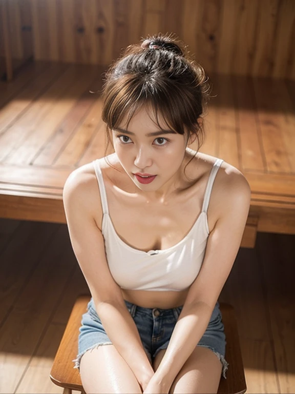 Table tennis, Table tennisウェア, White background, Professional director, Professional Lighting, (Highest quality, 12896k,masterpiece), Very cute small round face, Red lipstick, Larger lips, Japanese Model, Big Breasts, clavicle, Table tennisウェア, Ultra HD, (Photorealistic:1.1), RAW Photo, One Girl, Beautiful eyes, Very big breasts and big eyes, Black brown hair, Standing , Are standing, Full body photo