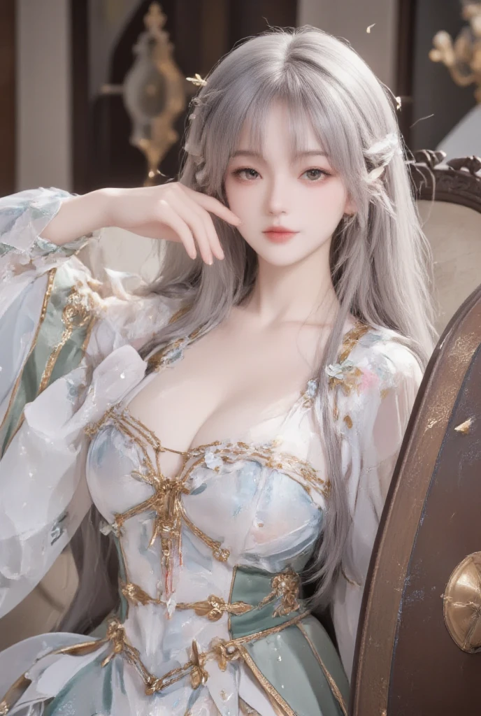 best qualityer，8K， tmasterpiece， A high resolution， 1girll， Clear silk porcelain dress， Fur coat， hair adornments， ssmile， Keep one's mouth shut， cparted lips，Large breasts，Shoulder， shift dresses， hair adornments， choker necklace， jewely， Chinese outfit， long whitr hair， 耳Nipple Ring， Detailed beautiful eyes， detailed eyelashes， beautiful  face，after sexing_Body，Slender and long legs， Tyndall effect，realisticlying， edge lit， twotonelighting，（highdetailskin：1.2）， 8K, Ultra HD， digital SLR camera， gentle illumination， high high quality， Volumetriclighting， Frankness， photore， A high resolution， Bokeh， at a forest， Falling snow， Winters， in the afternoon