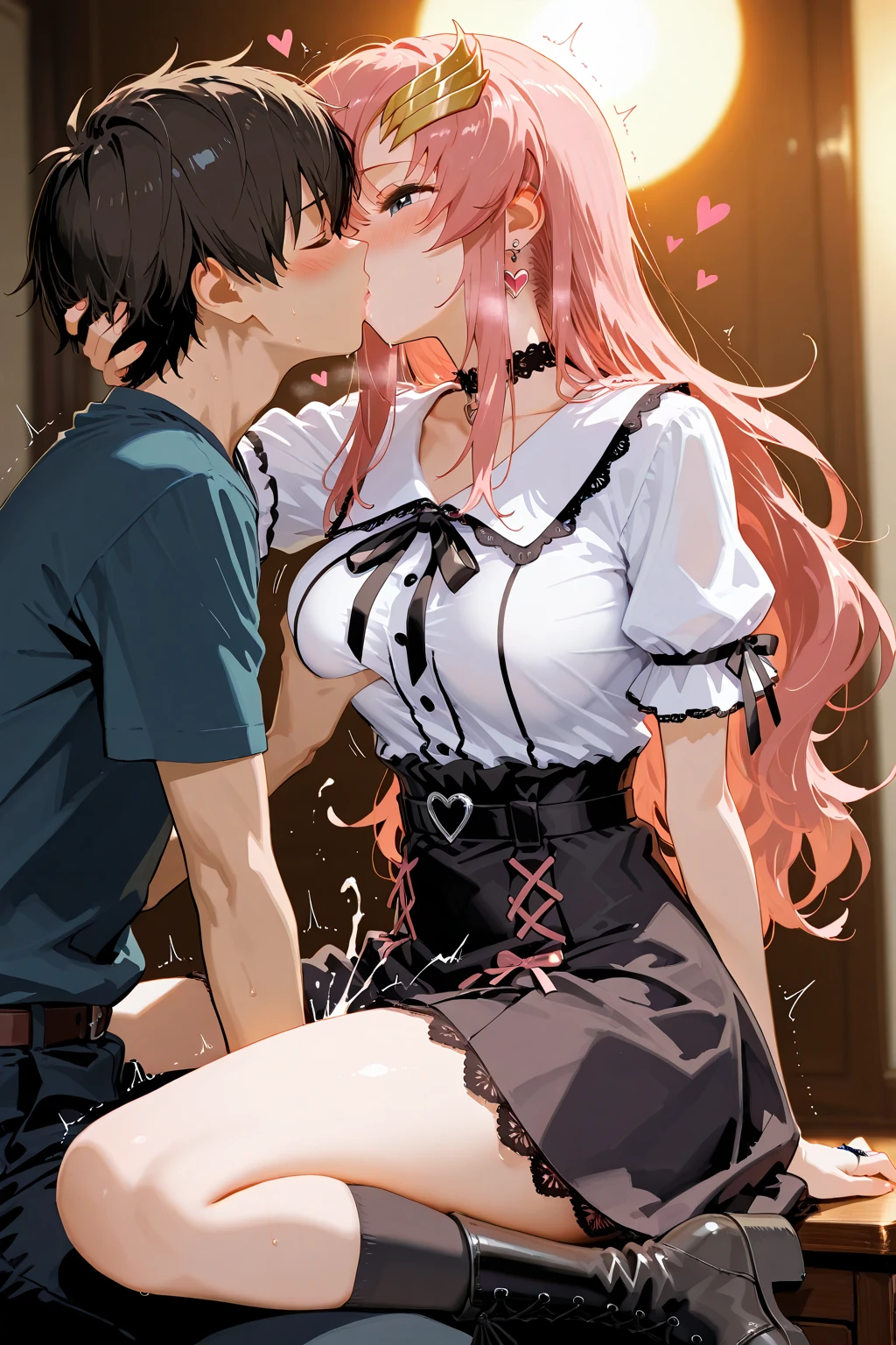 1male, 1girl,face to face,{{{{kiss her breast}}}},hug,1boy,Sucking a girl's breasts,black hair,dark skinned,middle aged man,1girl,Nude,Red eyes,Long twin tails,Brown Hair,Eyebrows visible through hair,Flat Chest,