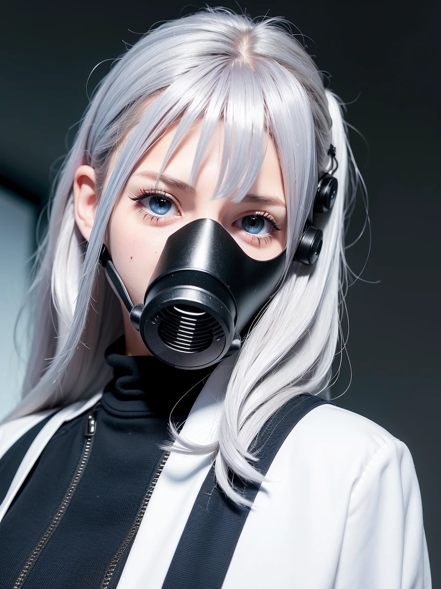 (masterpiece, sidelighting, finely detailed beautiful eyes: 1.2), masterpiece, realistic, lustrous skin, (UPPER BODY), 1 Girl, (wearing huge cobalt scifi techmask glowing red and headphones with complex electronics), ((Black School Uniform:1.5)), ((Silver Long Hair:1.3)),((small breast)), glasses,sexy pose, Happy,colorful fantasy smoke fills the surrounding area,<lora:techpunkMaskWearable_techpunkmaskV02:0.6>
