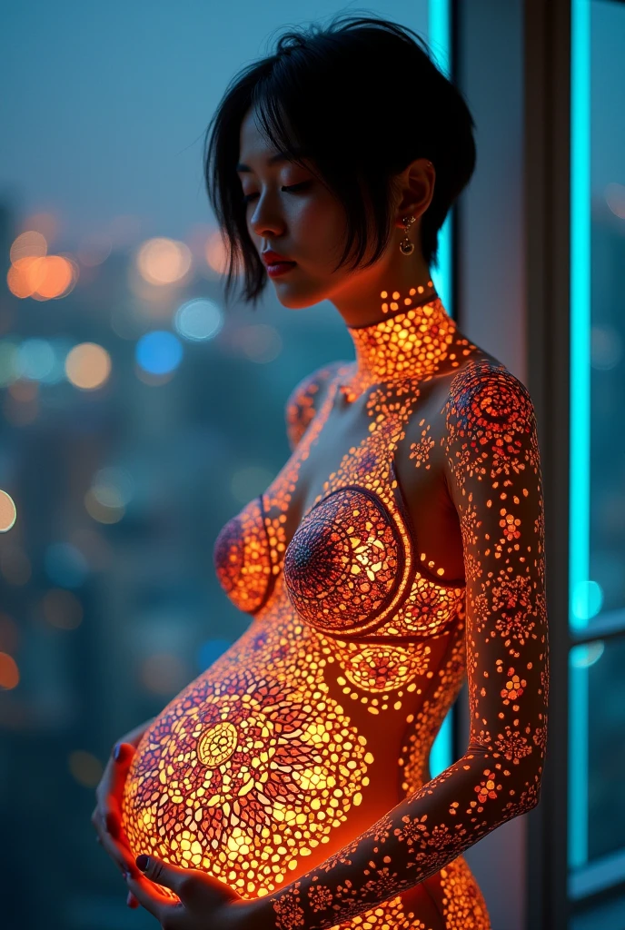 masterpiece, Highest quality), 8k,(((Very detailed))), Race:1.8, Super intricate Race pattern, colorful Race pattern, A transparent body with a soft glow and a colorful stained glass look, light up, 1 female, Swimsuit, Open Back, , Japanese, sultry body with セクシー belly, Sexy girl, Young sensual elegance, Sexy body, Sexy look, Very Short Hair, Wavy Hair, Shooting in the studio at dusk, Shooting from the front, Sitting on the floor, Intelligent face, look away from the camera, Narrow waist, Large Breasts、Smile a little, Open your mouth a little, EOS 50mm F2, Blur the background, look away from the camera, Lighting the face, Painting-like pose, whole body, nude,