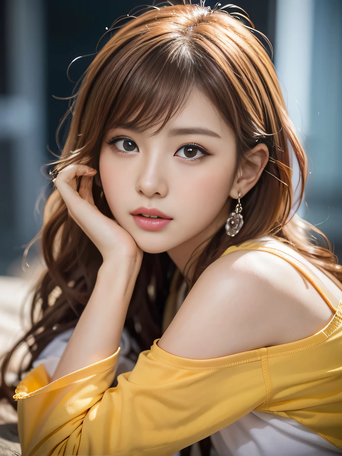 (Surreal), (picture), (High resolution), (In 8K), (Very detailed), (Best Illustration Photos), (Beautiful and fine details), (最high quality), (Ultra-detailed), (masterpiece), (wallpaper), (Detailed face), solo, One Girl, Blonde Wavy Hair, Korean Beauty,Black Eyes, ((A loose-fitting blue and yellow maid outfit)), Long legs, Toned Abs, Big Tits、stockings、((In a dark cave))、(Pause_random)、((Upper body portrait))), Upper body portrait, masterpiece, 最high quality, high quality, High resolution,
