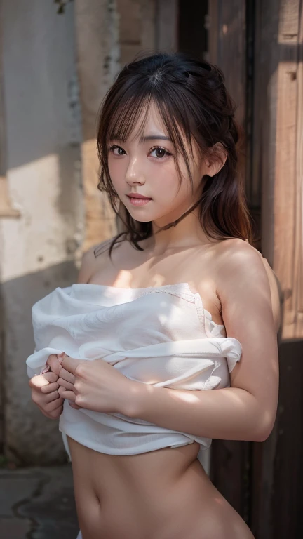 Highest quality, masterpiece, Ultra-high resolution, (Realistic:1.4), RAW Photos, (Real skin texture:1.3), (Film Grain:1.3), Panorama, Portraiture, Very wide shot, Tight waist, Cowboy Shot, (in the dark, Deep Shadow, secret key, Cold Light,) night, close, Tears flow, indoor, Dust, Tyndall effect, sad, It was too bad, dark (performance), Sitting, (Against the wall), Are crying, Frowning, (head lowered), Nervous, tear up, , 1 Junior Idol, The body is slim、Beautifully detailed eyes and face, double eyelid、Tear bags、Watery eye、（Lifting something large from a torn white jabot、、 かわいいピンクのNipples）、Off the shoulder, Brown eyes, Nipples, Small breasts, (White loincloth), Young
