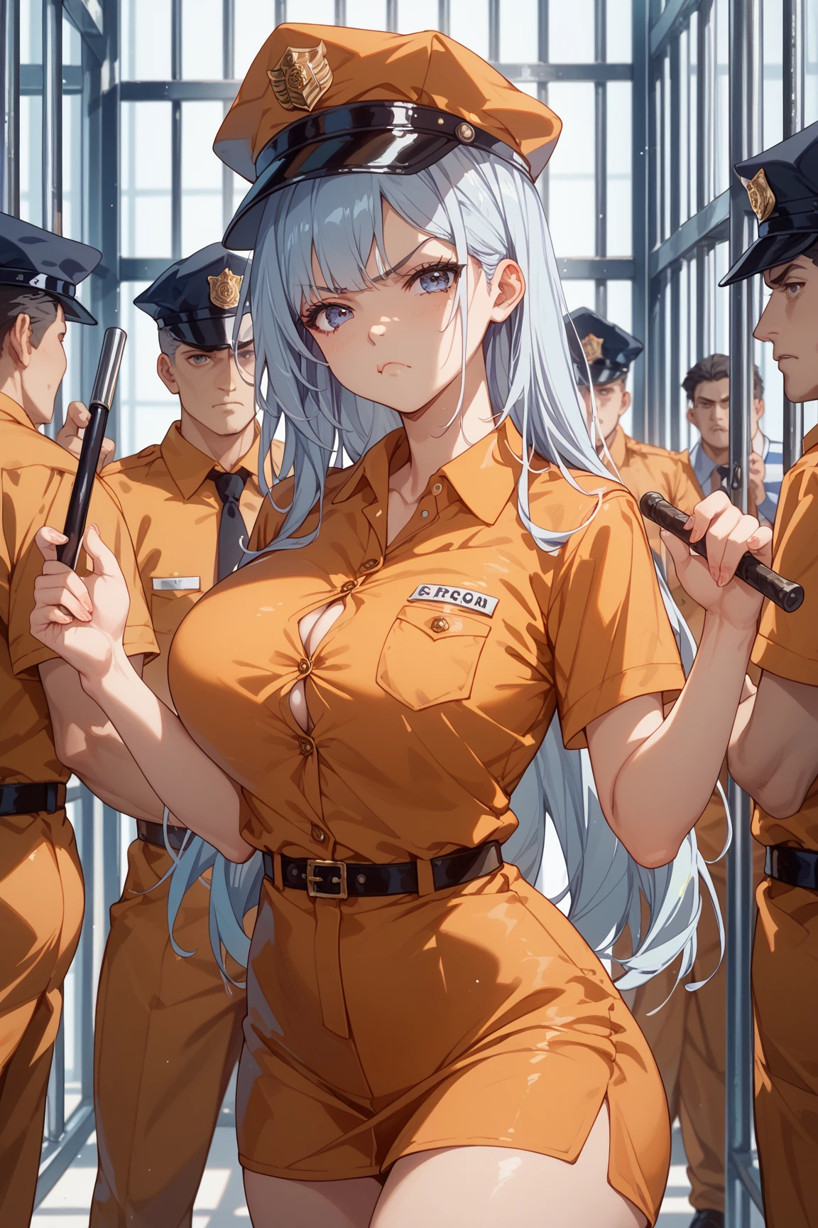 Long blonde hair, handcuffed, arrested, mature female, milf, huge breasts ,40 years old , mommy character, orange prison jumpsuit, prisoner, waist chain, restraints 