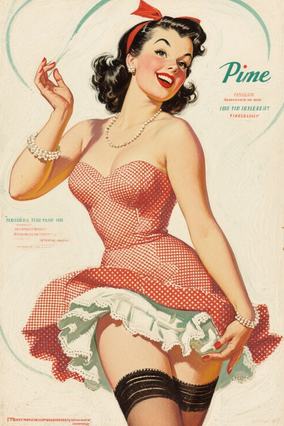 Classic 60’s pinup girl, stunning face, smiling, half body shot, polka dot dress, cleavage, J Scott Campbell style, 8k, ultra sharp, sleeveless, bare legs, huge breasts