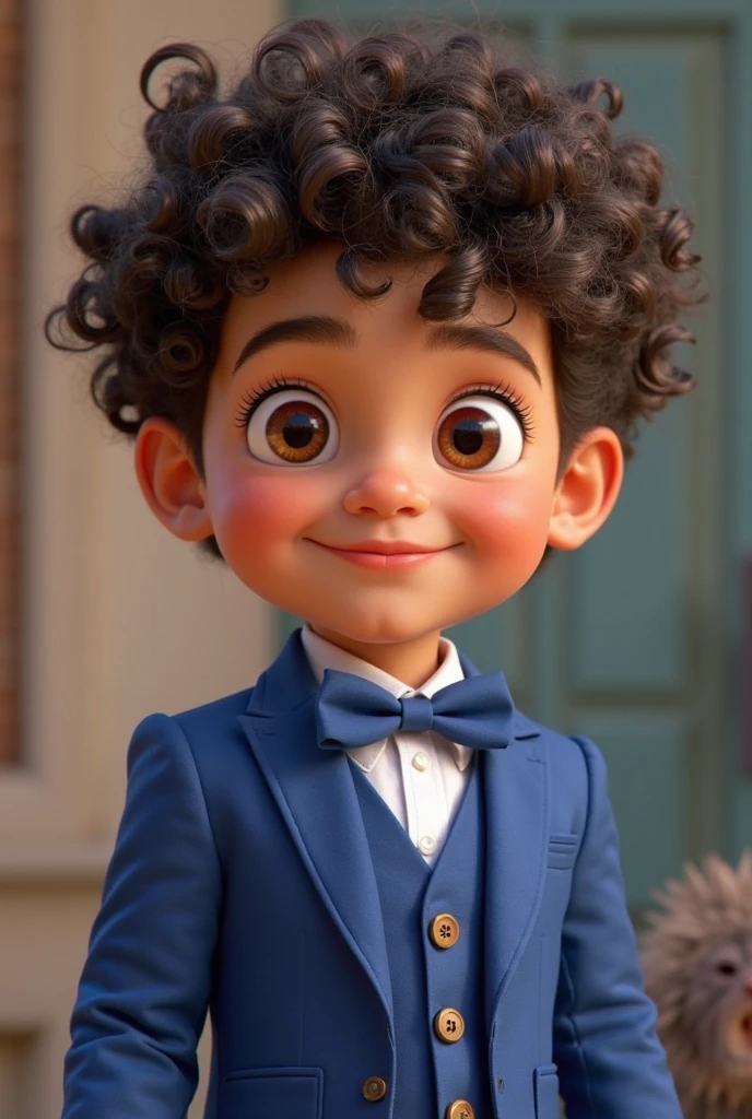 Ravi smiling for photo, standing, many toys, formal outfit, curly hair, Light brown bun hair