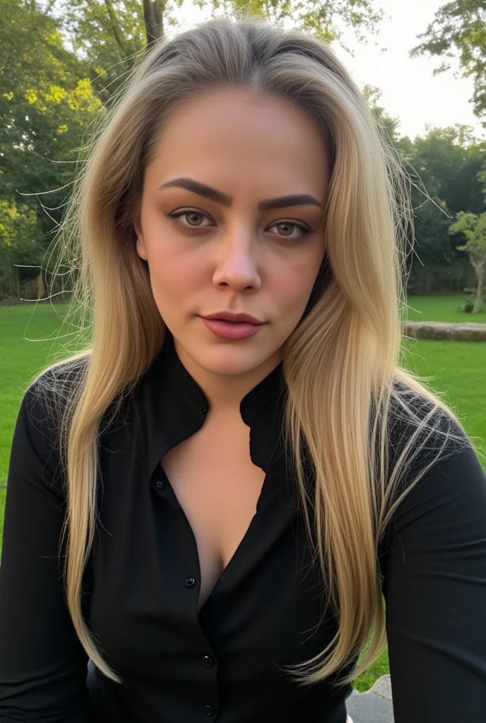 un gros plan d'une femme dans une chemise noire debout dans un jardin, Portrait de Sophie Mudd, 18 ans, fille de 19 ans, Victoria Gavrilenko, cheveux blonds et grands yeux, Anastasia Ovchinnikova, long cheveux blonds et grands yeux, belle fille blonde, une magnifique blonde