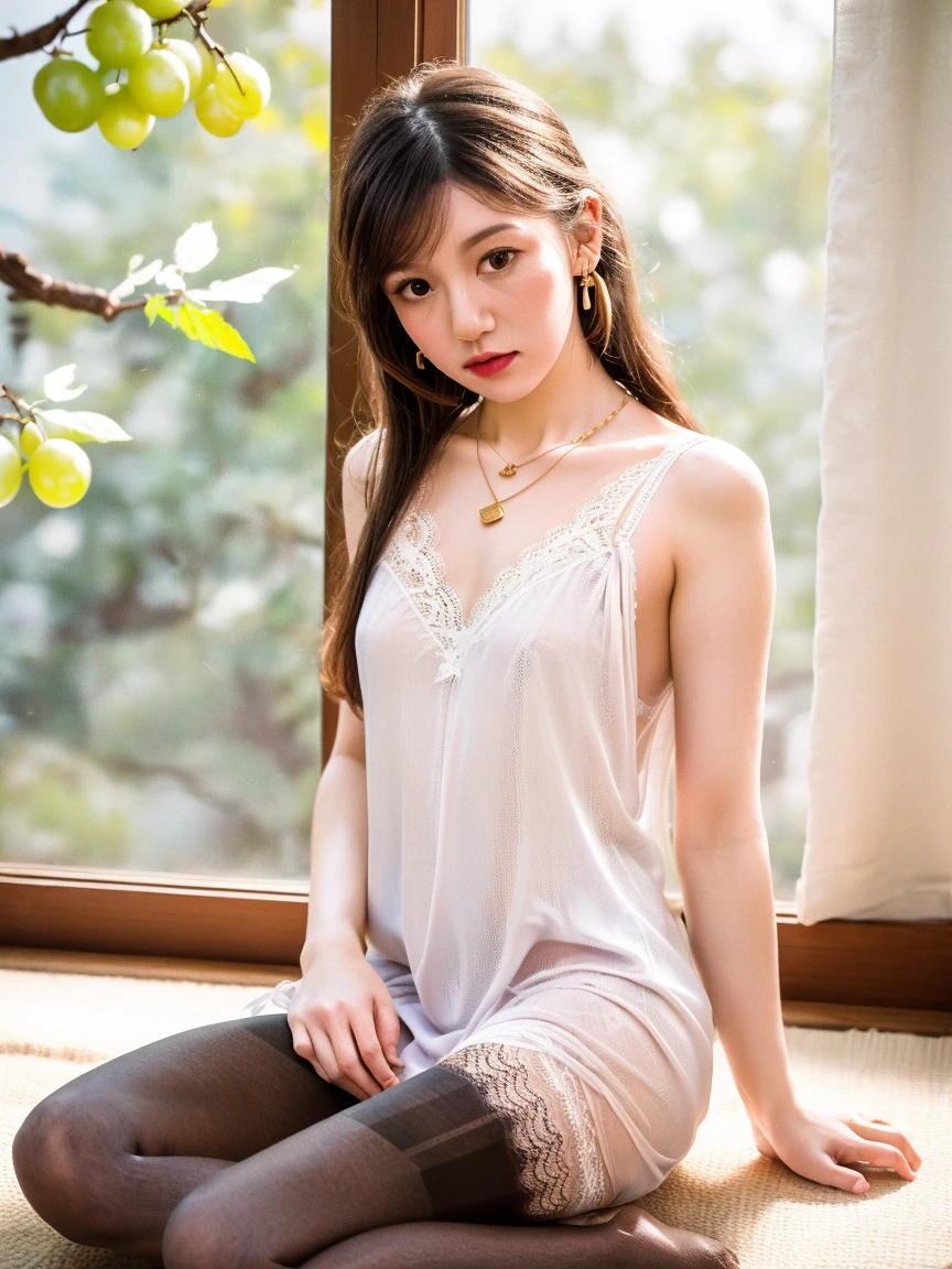 ((Best of the highest quality, 8k, Masterpiece: 1.3, raw photo)), Sharp focus: 1.2, (1 AESPA girl: 1.1), (Solo: 1.18), (realistic, photo-realistic:1.37), face focus, cute face, finely eyes, (Small breasts, flat chest, Thigh: 1.3), (full nude, neat silk camisole: 1.4), short messy hair, updo, (sitting on bed, from below: 1.2), garden, flower