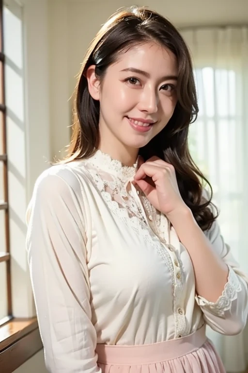 masterpiece, Best quality, Skinny Japanese woman, 40 years old, sexy nightwear, on the bed in a hotel room, correct body structure, slight smile, perfect face, detailed face, detailed eyes