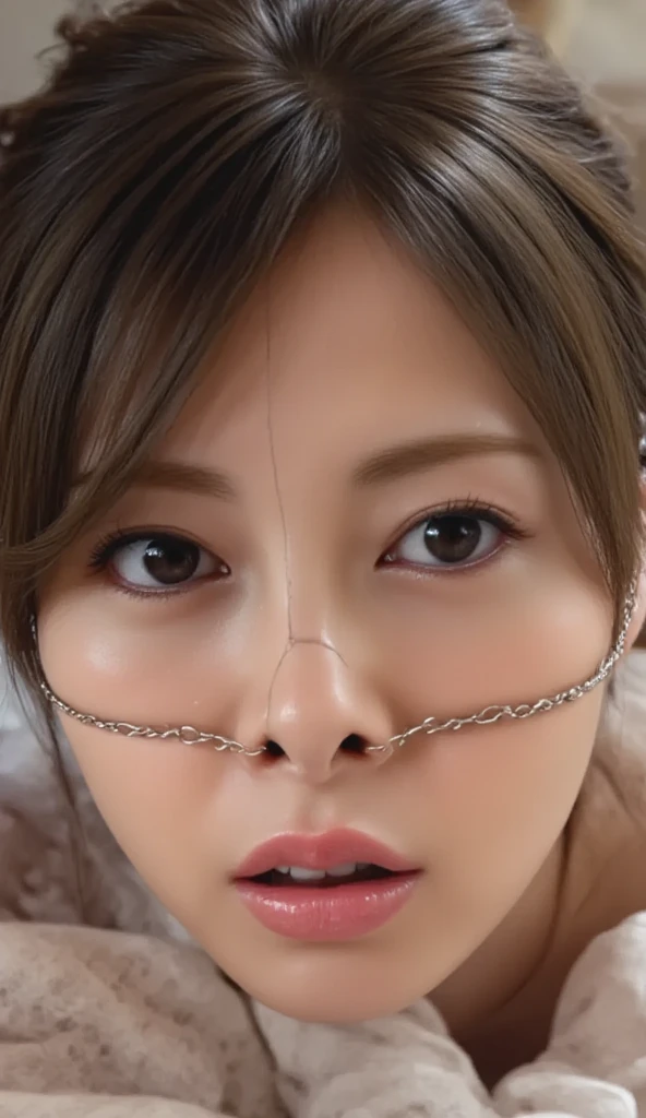 Fashion trendy beautiful and attractive woman, ,(Top quality realistic textured skin:1.4), fine eyes, detailed face, high quality eyes, focus the eyes clearly, nose and mouth,face focus, delicate and sexy clavicle, attractive oval face, double eyelid, Smart peach blossom eyes, pink lips, small nose, bare shoulders, focus on face, close up of face, ultra high resolution, Super detailed, full body photo, Ultra thin and transparent,cinematic lighting,rim light,((Blonde Hair Color))､Completely naked,(nsfw),(((全身Completely naked))),(((((nsfw))))),(((full body shot))),((The nostrils are pointing upwards)),(nostrils are pointing upwards:1.3),(((Nose Hook上に引っ張る:1.2))),((((((Very big nose))))))