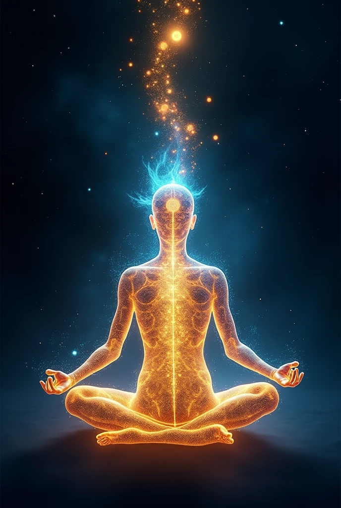 I would like the silhouette of a person in a state of meditation. A subtle light comes out of his chest, drawing the shape of the kundalini energy. The background of the image should be very calm, a very starry night. In the corner of the image, two beautiful mushrooms intertwined. These mushrooms are of many colors, evoking a psychedelic trip. These mushrooms should be in the corner of the image.