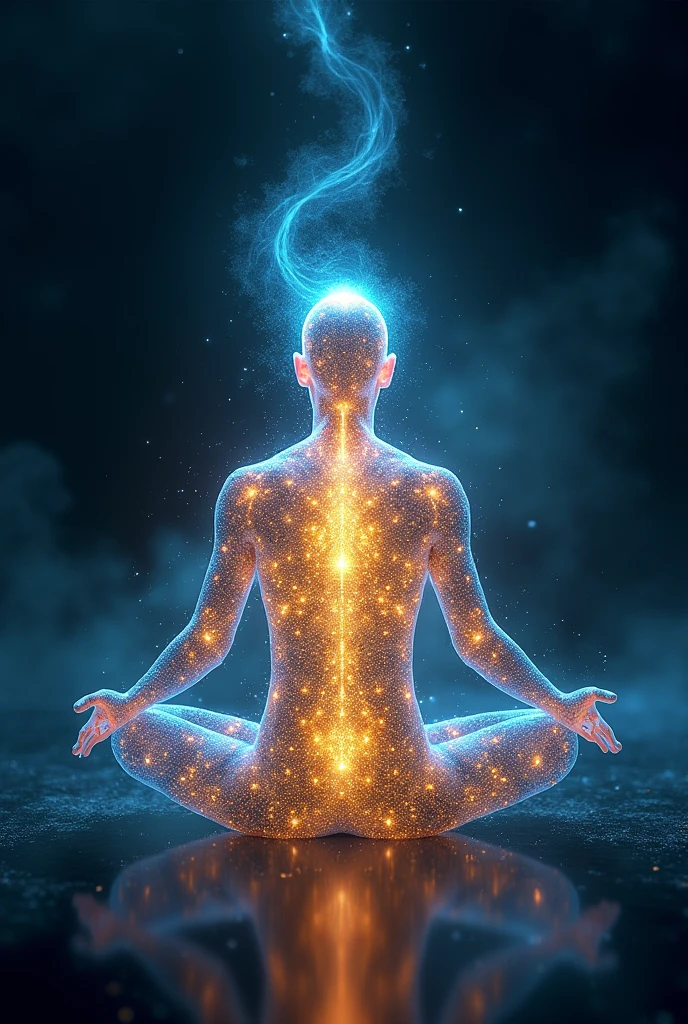 I would like the silhouette of a person in a state of meditation. A subtle light comes out of his chest, drawing the shape of the kundalini energy. The background of the image should be very calm, a very starry night. In the corner of the image, two beautiful mushrooms intertwined. These mushrooms are of many colors, evoking a psychedelic trip. These mushrooms should be in the corner of the image.