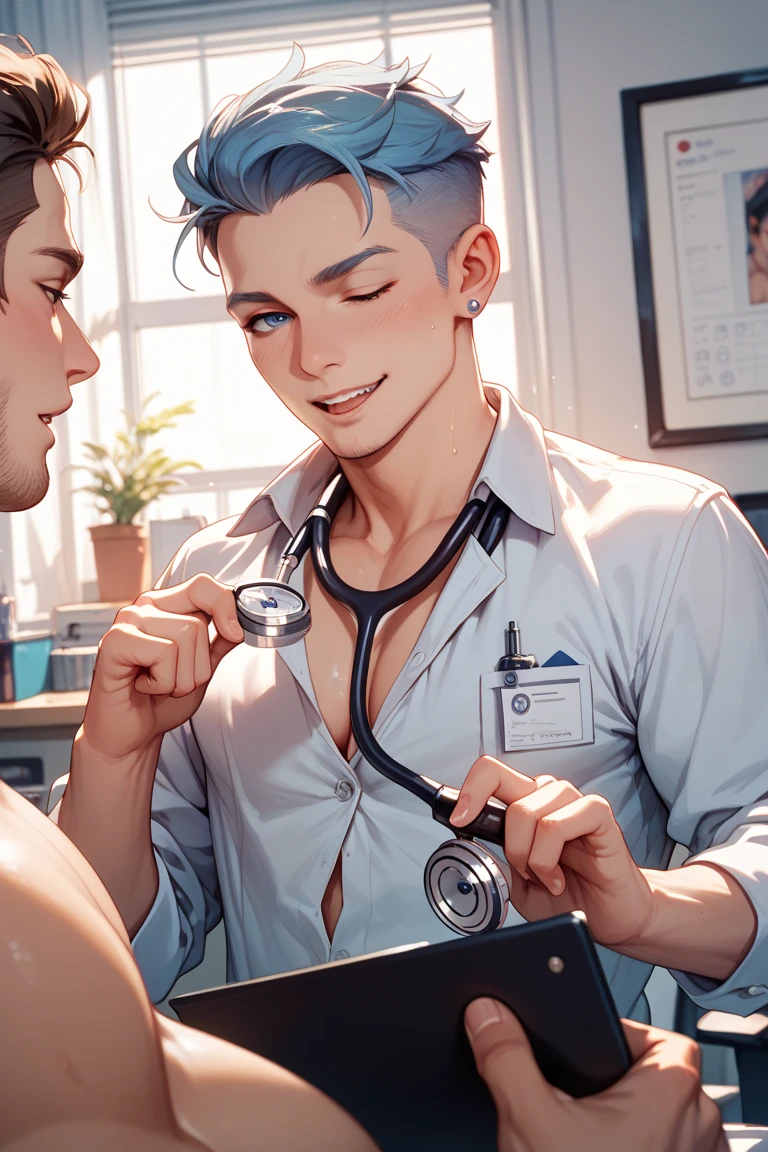 aça a man in the laborat[Orio clean dressed in a happy lab coat collecting blood with a syringe on another man's arm