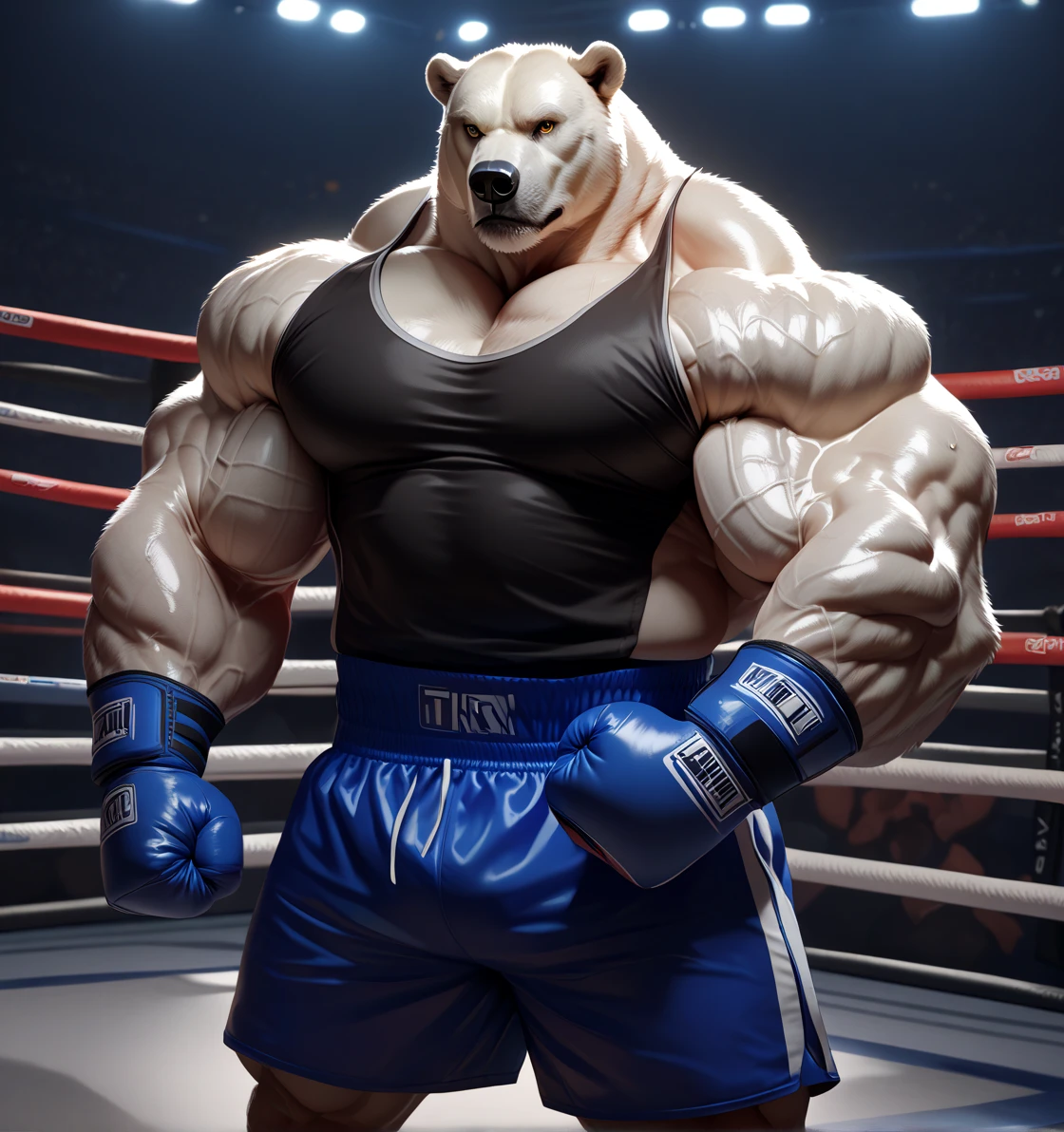 male anthro polar bear, huge muscular chubby, dynamic pose, bust portrait, underwear, solo, realistic white fur, detailed background, bedroom, detailed whote fluffy fur, long fluffy fur, photorealism, fighting ring, hdr, short tail, crowd, purple stage light, blue leather gauntlet
