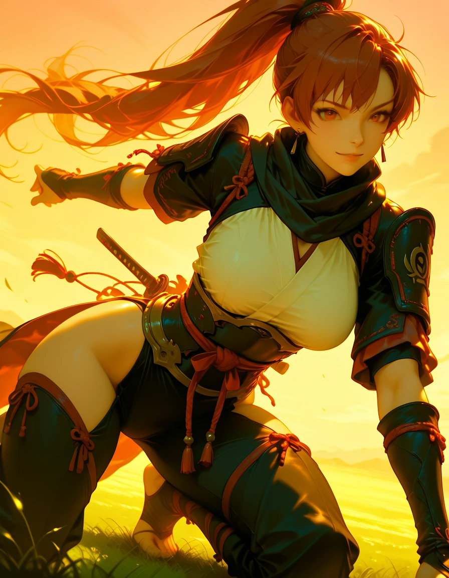 ((from below:1.2),(looking at viewer:1.8)),(1girl,(curvy:1.2),petite,beautiful breasts,(large breasts:1.5),pale skin,pointy breasts,(erect nipples),sweat),((clothed:1.8),leather boots,leather gauntlet,(carbon armor:1.5),(red embroidered white rash guard:1.5),(long silk sarong:1.5))),(((realistic),high resolution,best quality,masterpiece)),((extra long hair:1.5),hair blowing in the wind,blunt bangs,(extra light coppery red hair),hair over one eye),get down on one knee,(leaning forward),Brave stance,(water,(meadow:1.2))