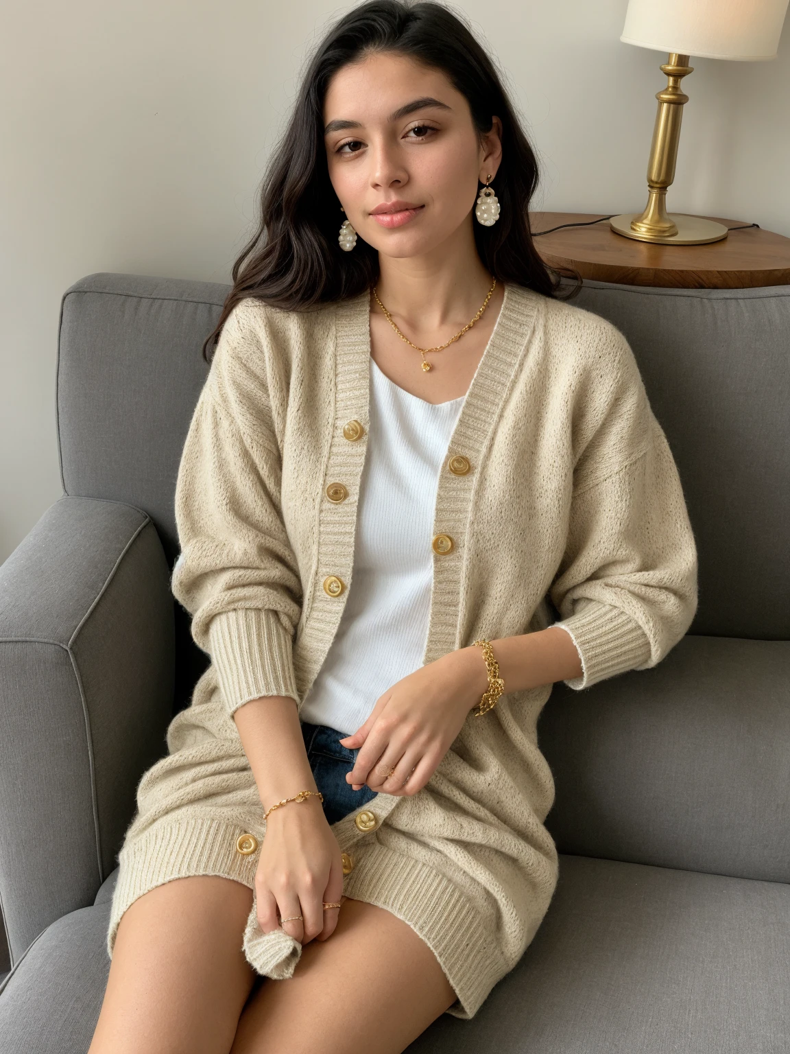 a woman sitting in a living room, detailed portrait, beautiful eyes, detailed facial features, intricate clothing, natural lighting, warm color tones, cinematic composition, hyper-realistic, digital art, 8k, photorealistic