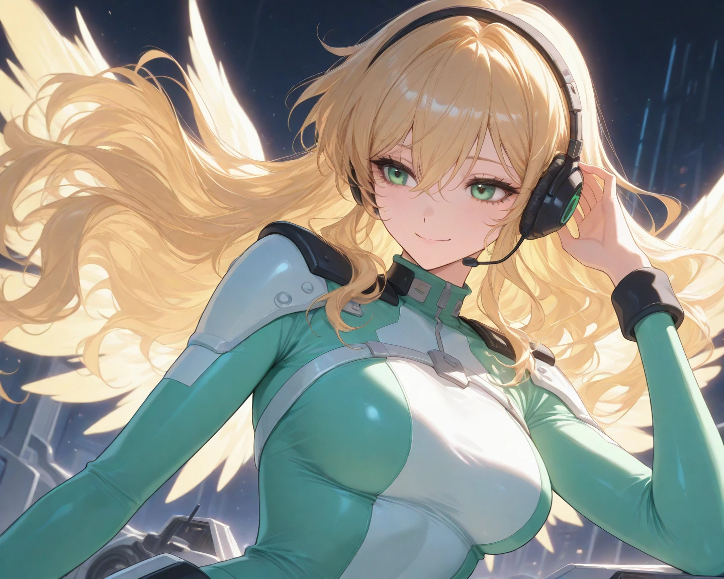 1girl,solo,Sala,original,straight blond hair,(long hair:0.3,medium hair:1),green eyes, white body suit,open collar,expose neck and chest,in living room,relief face,night time,Science fiction,ultra-detailed,sharp focus,(best quality)