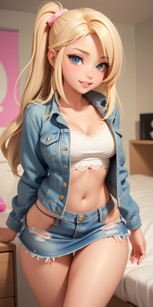 A masterpiece of art in 8K resolution, showcasing a young brunette beauty, elegantly turned 18, adorned with neatness and charm. Her detailed blue eyes sparkle with long, alluring lashes that accentuate her kind smile. The upper half of her body is revealed, covering her large, proud breasts with a pretty pink t-shirt, while denim short shorts expose her legs from the side. Her gaze locks with the viewer, captivated by the allure of her presence. A cascade of beautiful, white-skinned blonde hair frames her young face, with parted bangs framing her pretty features. The background illuminates with a breatht