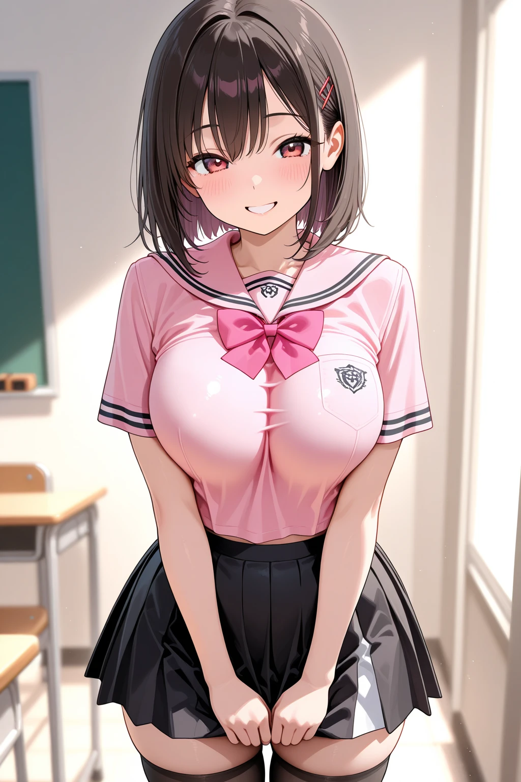best quality,((((1girl)))),((big breasts:1.3)),((((10歳,loli:1.5)))))),curvy,orgasm,blush,sweat,black hair,short hair,twintail,volumey,((white shirt,pink skirt:1.1)),mini skirt,lift skirt,upskirt,lace panties,white panties,white kneehighs,classroom