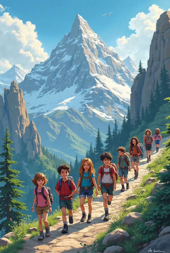 Three inseparable friends, two boys and a girl, live exciting adventures together in an imaginary world. They explore enchanted forests, snowy mountains and sunny beaches, always with lots of fun and laughter along the way. The white guy is a tech genius, always inventing amazing gadgets and creative solutions to the problems they face. The black boy is a talented athlete, running, jumping and climbing with ease, while the brunette girl is a talented artist, painting and drawing everything she sees. Together, they take on dangerous villains, solve intriguing mysteries, and help those in need. With colorful, high-quality illustrations in 8k, the adventures of these three friends are so exciting and fun that they'll leave kids wanting more. --auto --s2