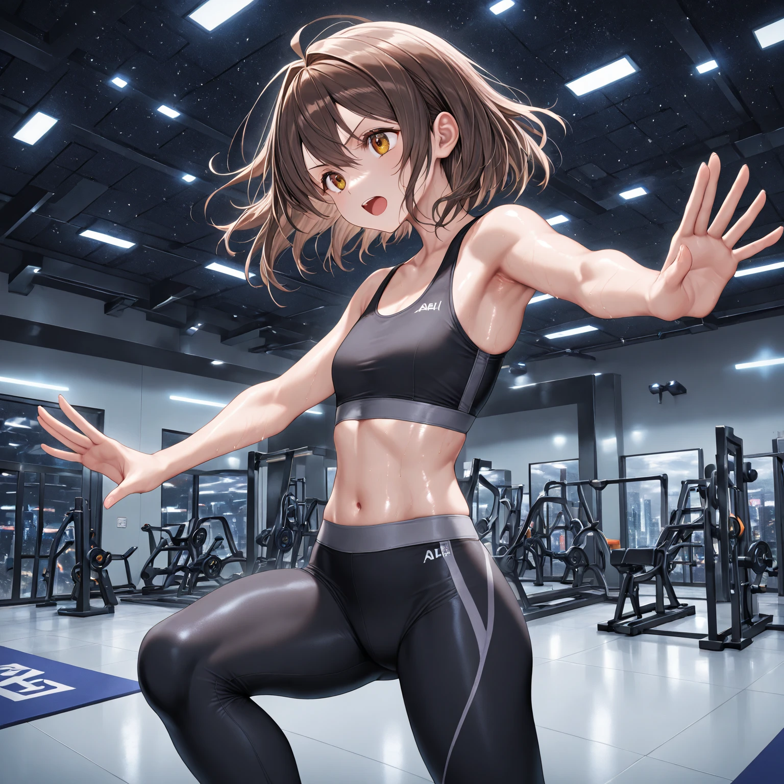 Photo of a young girl, bangs, skinny leather shorts, beautiful, oversized breasts (1.5) Detailed luxury gym background, hair between the eyes, ponytail, oval face, double eyelids, closed lips Separated, Brown eyes, Tight gym wear, Light brown hair, (Shiny skin: 0.8), (Masterpiece: 1.4), (Best quality: 1.4), Natural, , Faci girl, Perfect abs