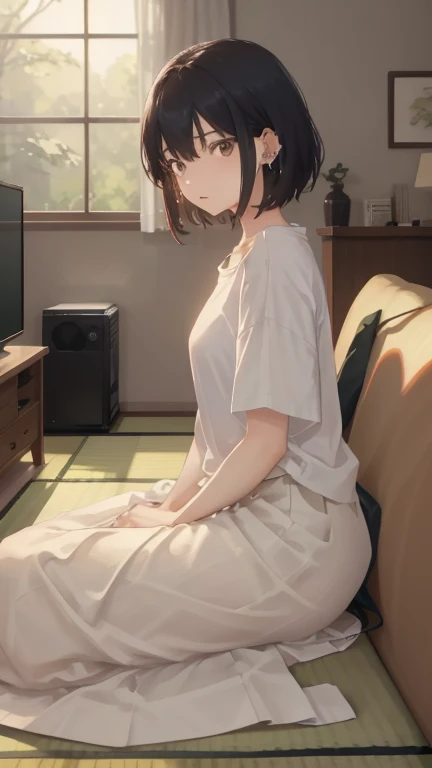 short hair, Black Hair, Bobcut, bangs, blunt bangs, (Iris:1.3), Ahoge,
break skirt, Food, Foodie, No sleeve, Food down, No sleeve Foodie,
break outdoors, city, sun, cloud,
break looking at viewer, (Cowboy Shot:1.5),
break (masterpiece:1.2), Highest quality, High resolution, unity 8k wallpaper, (figure:0.8), (Beautiful attention to detail:1.6), Highly detailed face, Perfect lighting, Highly detailed CG, (Perfect hands, Perfect Anatomy),sit in a train seat、Lace panties