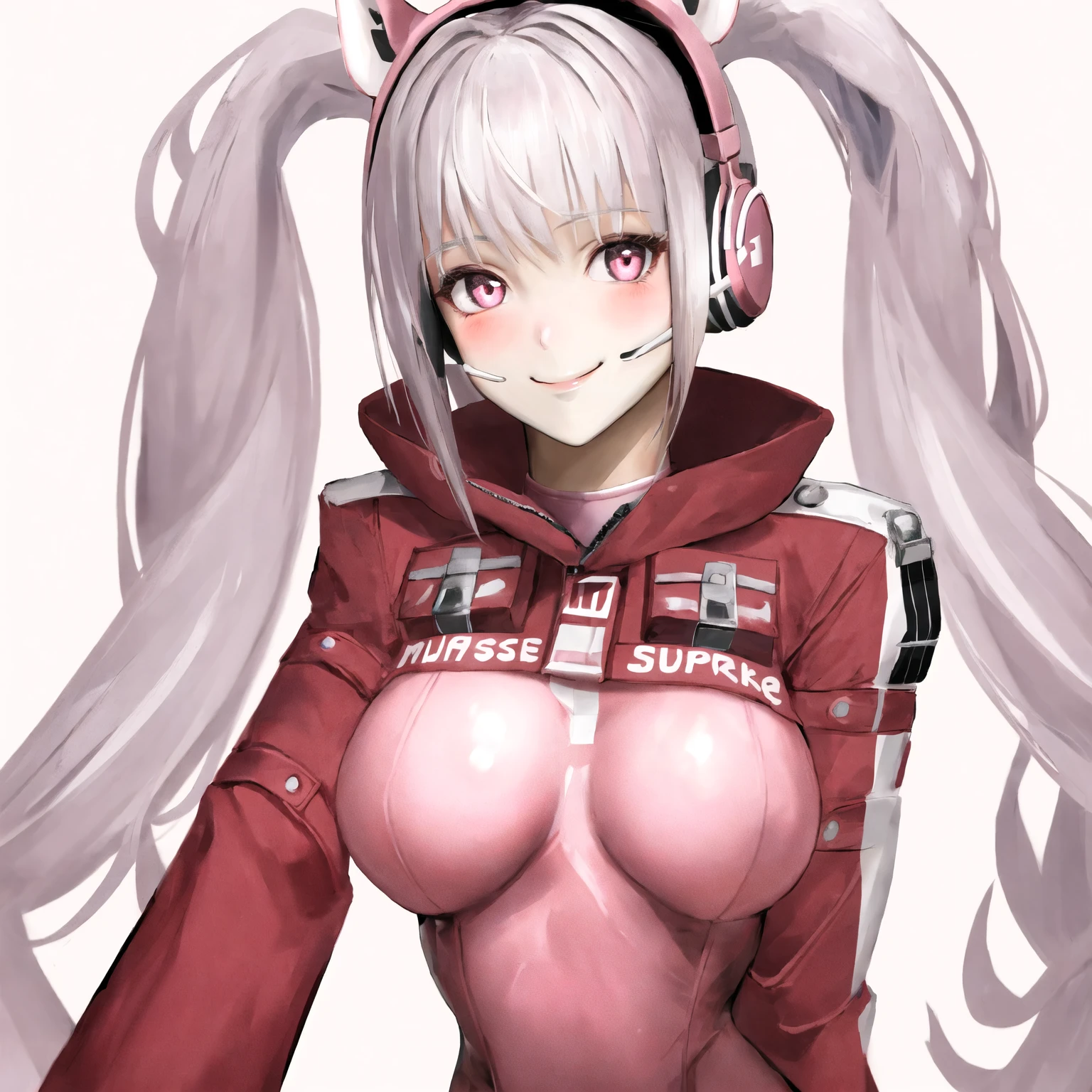 One girl, Animal ears, bangs, blush, Bodysuits, chest, Mouth closed, fake Animal ears, gloves, Headphones, headset, Horse's ears, Impossible clothes, Jacket, large chest, Long Hair, Long sleeve, View your viewers, pink Bodysuits, Pink Eyes, Simple Background, Fits perfectly to the skin, smile, alone, Twin tails, Upper Body, very Long Hair, White Background, white gloves, Gray Hair,Alice \(Nod\),(masterpiece:1.4),(Highest quality:1.4),(Shiny skin),Realistic