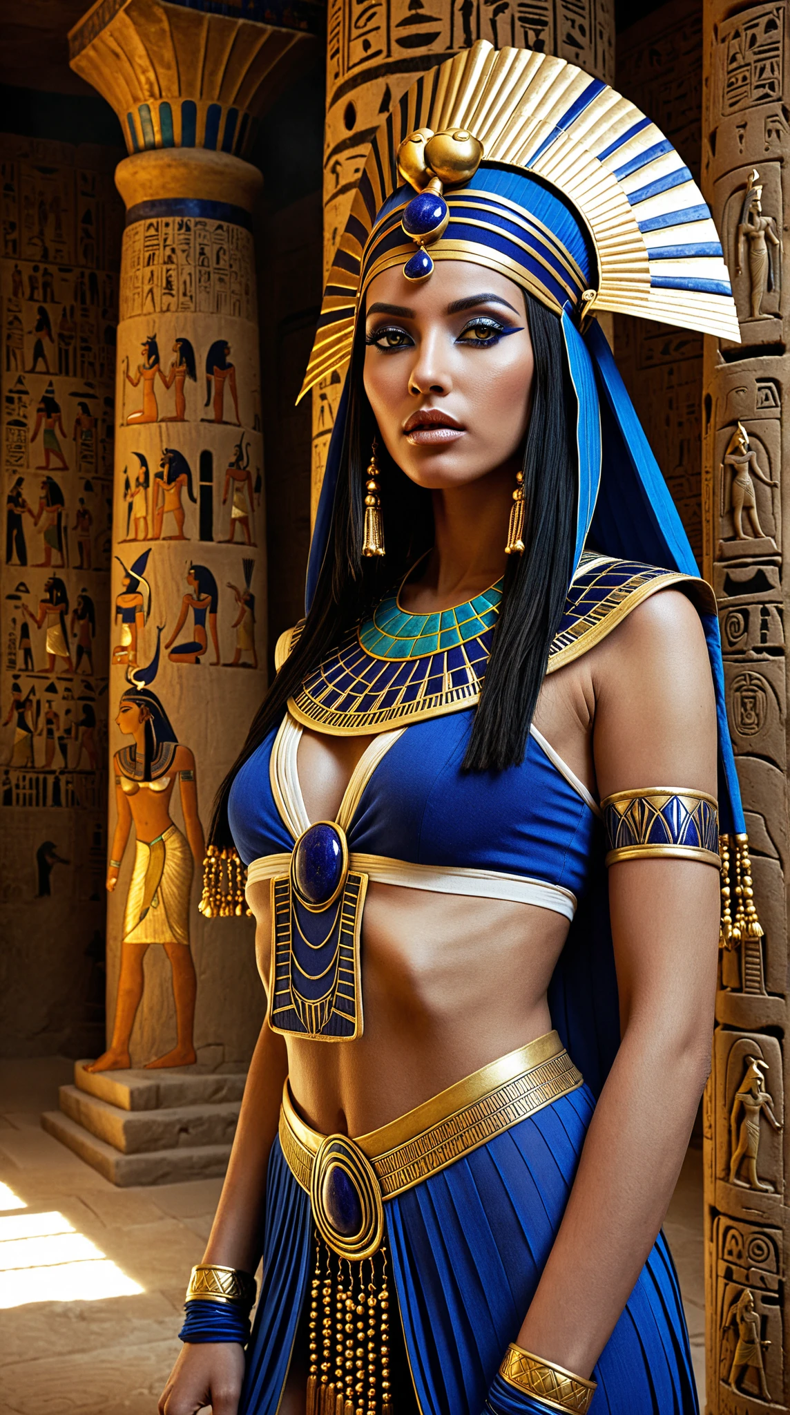 a dark fantasy photoshoot, realistic female fashion model, vogue magazine cover, inspired by ancient Egyptian goddess, realistic skin, detailed hair and face, posing as Cleopatra as Isis, Egyptian pyramids, realistic person, gothic fashion, revealing clothes, bombshell body, (best quality,4k,8k,highres,masterpiece:1.2),ultra-detailed,(realistic,photorealistic,photo-realistic:1.37),dramatic lighting,dramatic shadows,chiaroscuro,cinematic,moody,dramatic color palette,muted colors,deep saturated colors,ornate decoration,intricate details,impeccable rendering