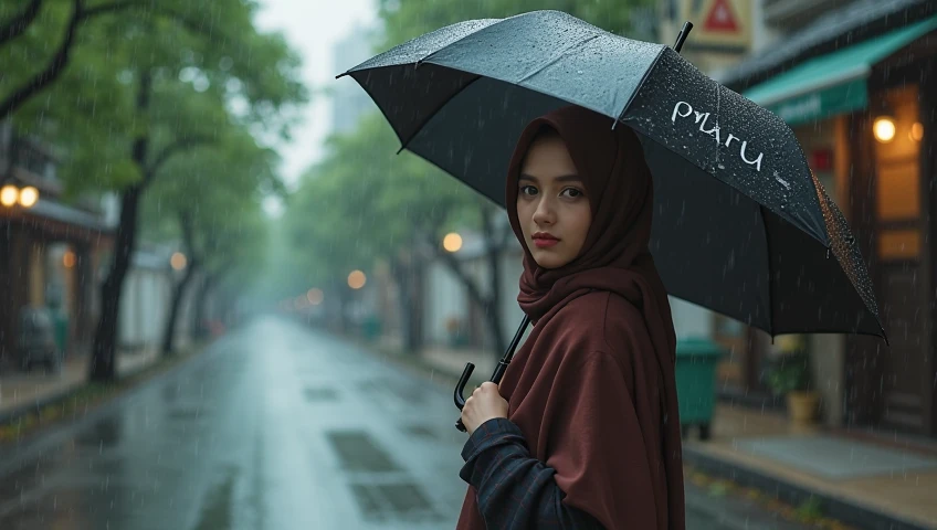 malay hijab and glasses,wearing kimono,hold wood umbrella,rainning,