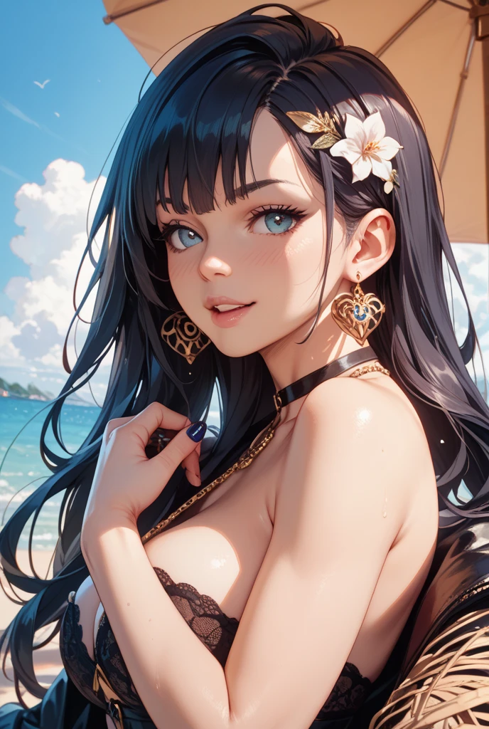 Anime girl, medium long black hair, back hair gradient blue, with bangs, blue eyes, slouching, sleeping, beautiful anime portrait, anime style 4K, stunning anime face portrait, detailed digital anime art, anime art wallpaper 8K, beautiful anime face, anime style. 8K, cute girl anime visuals, anime art wallpaper 4K, anime art wallpaper 4K, blue eyes, half body, beach, waves