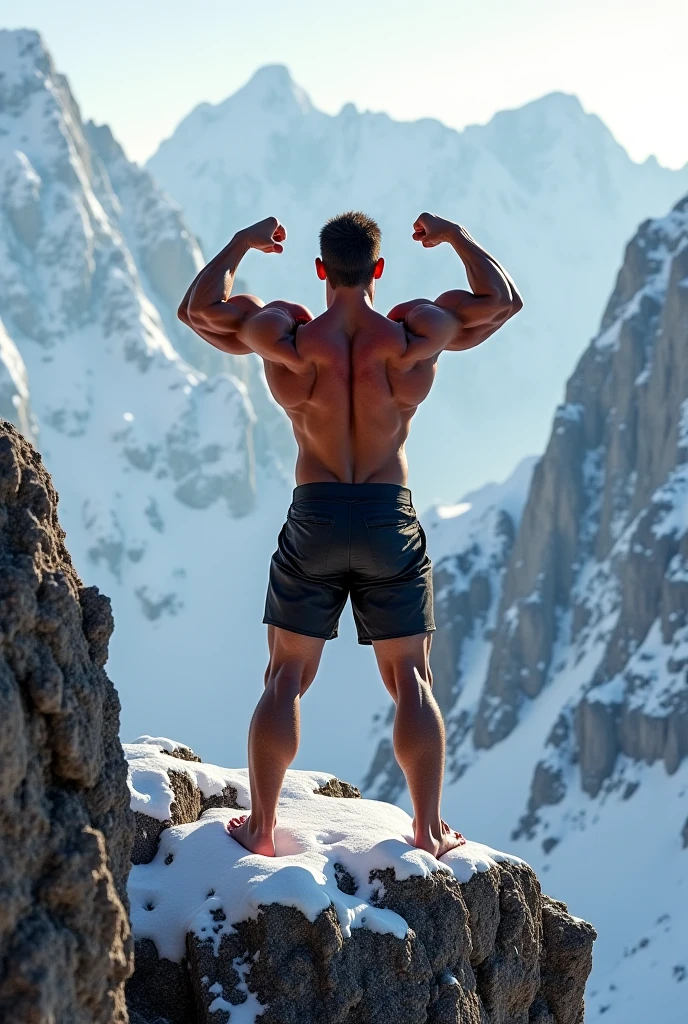 A bodybuilder is balancing on a mountain in sneakers