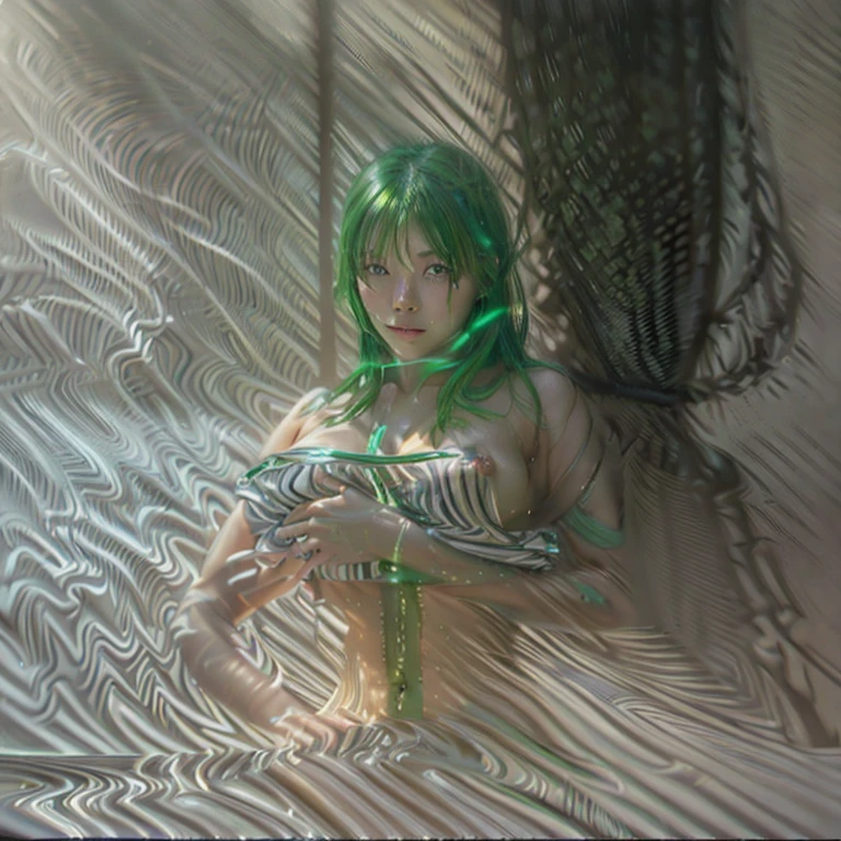 Girl, peach, short hair,tempting medium-sized breasts,nude ,nipple, pussy ,hand beside hip ,facing the camera,standing,yellow eye,visible pussy ,face look at the camera ,dissolving body