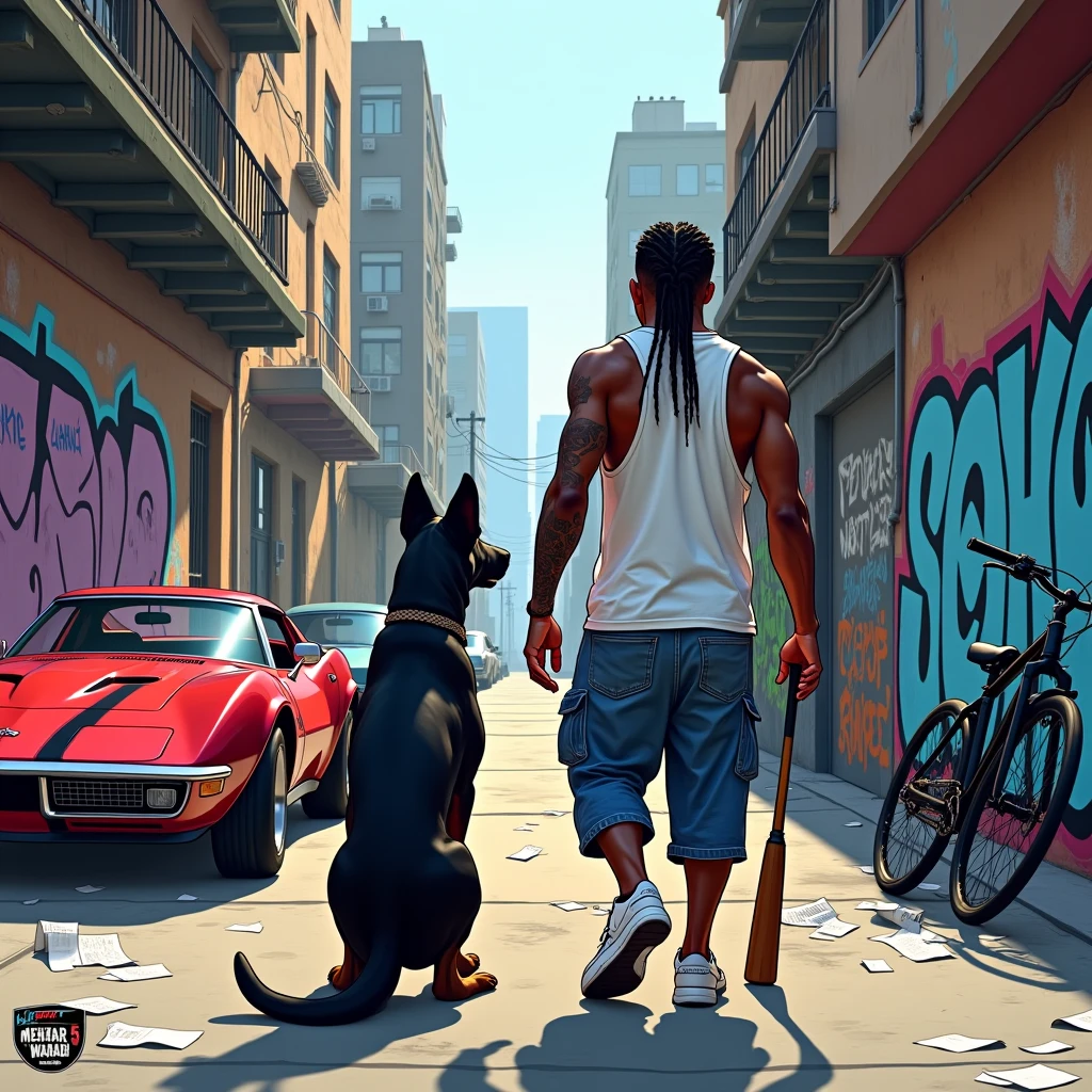 a pitbull dog wearing hip hop clothes and a gold chain on the street barking at a beautiful woman wearing short, sexy clothes, in drawing.