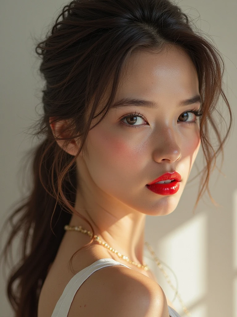 Highest quality, Realistic, Very detailed, High resolution, 8k wallpaper, RAW Photos, Professional photography, Written boundary depth, 1 female, (Ultra detailed face), (Very detailedな表情), (Very fine eye), Standing in a contemporary hotel room, (Red lips), ((Looking into the camera)), (Thighs), ponytail, Shapely breasts, Loose long V-neck see-through, Sexy pose