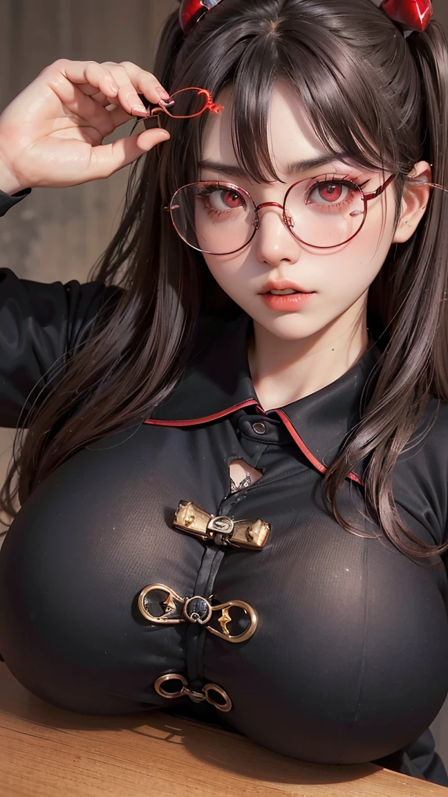 OKですか、(best illustrations)、8k UHD resolution、intricate details、highest quality、realistic、Super detailed、best writing、best shadow、soft lighting、ultra hd、Super realistic、Tyndall effect、Photoreal、(high detail skin:1.2)、 (intricate details, compensate, face to face with the children_V1:0.5), (Beautiful and delicate face in every detail, OK, beautiful and delicate eyes, perfectly proportioned face, high resolution skins, fine skin, Optimal ratio of 4 fingers and 1 thumb, arm under chest, red tattoo on lower abdomen、wonderful、wonderful, wide hips, smooth abdomen, thin and thin skin, __fashion__, __hair__:1.25)、Digital single-lens reflex camera、 absurd、1 Beautiful devil woman from hell, デヴィッド・ホックニーとアルフォンス・ミュシャによる超realistic女性のポートレート, Portrait of a seductive woman、fantasy art, Chinese humanoid robot、chinese actress、dungeon、dragon、devil'palace of、devil'torture chamber、night、dark style 、in the dark、(detailed spooky background:0.8), magic、 1 girl、evil nun、dark necromancer、Succubus、devil'Daughter of、Umi Shinonome、bat wings,(((devil'Horn)))、 ((((giant glasses, otaku glasses, thick glasses, round glasses)))),(((big breasts)))、(devil'Tail)、(red eyes shine:1.6)、red eyesには、Very clear and detailed makeup, Your eyes are made up so beautifully, ((red eyes:1.0)),intricate tattoo, demonic intricate tattoo, thigh tattoo, body tattoo, masterpiece、the most beautiful face、baby face、cute smile、seductive bodyとふっくらとした美しい赤い唇、devil'seductive body、devil style、enchanting black magic costume、(((光沢のある赤い蛇が彼女body ofに巻き付いています)))、The long-haired、Braid、Black hair、Ponytail distortion、, Ponytail with a bow tied at the back of the hair, beautiful expression、body up、big breasts emphasis、bust, super tight chest, Breast augmentation surgery, Breasts are very big and round,tight waist、wide ass、 private key, cowboy lens, (red phoenix dress: 1.0), devil'Crown of, Red Gemstone Necklace、Jewelry Gwise, wearing black mesh socks,wearing a thin red and black robe, Pull the straps with your hands to reveal your sexy breasts, Close-up of the main character, nffsw, nffsw, Meeting beautiful girls, look at the girl'body of,