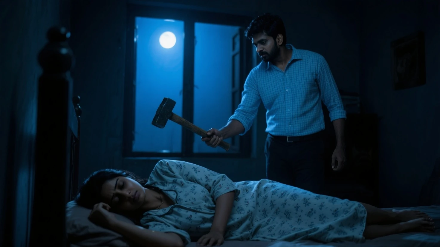 Desi psychopath Indian man who kill lady doctor at the night in the room and dead body of lady doctor soaked in too much blood  in bed Weapon in the hands of the murderer