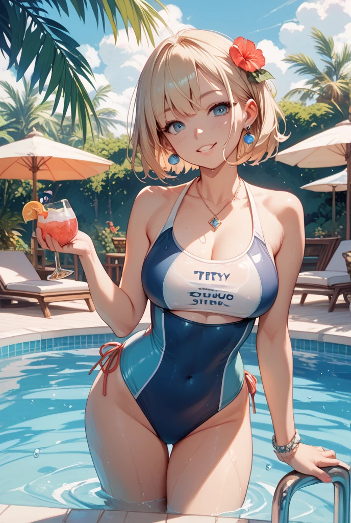 best quality, masterpiece,
flat color, sketch, illustration,
magazine cover,
1girl, (mature female), large breasts,swimsuit, sunglasses,