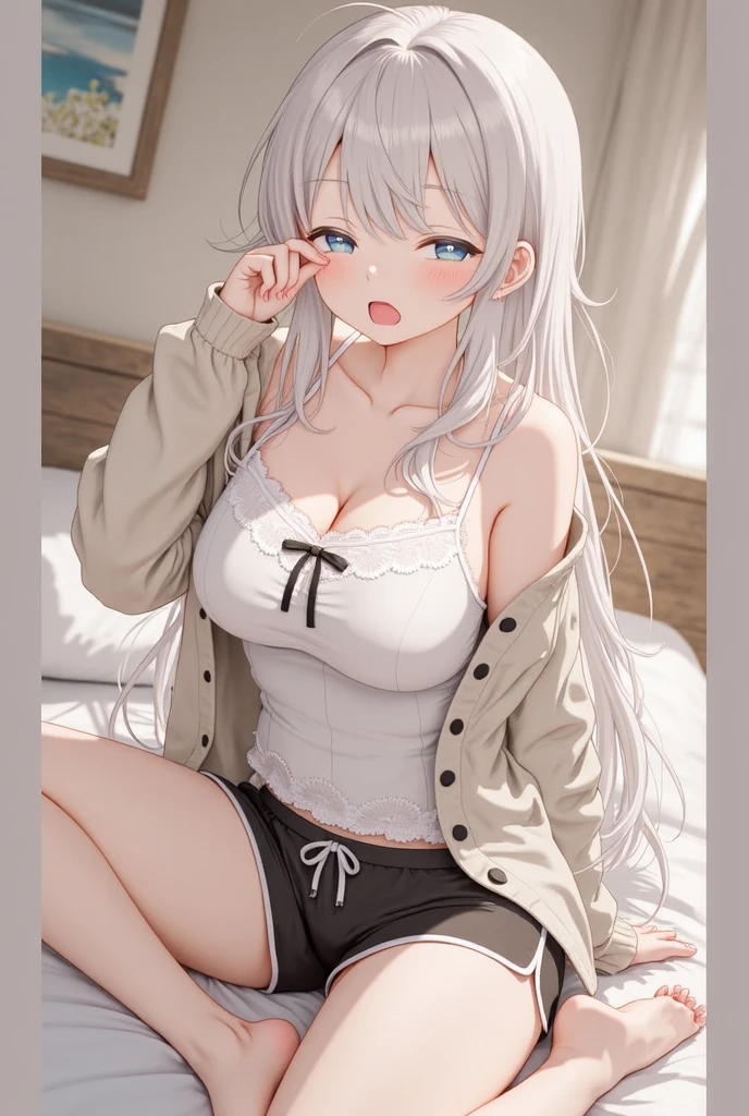 ((mejor calidad)), ((obra maestra)), (detallado). Hermoso cabello blanco, platino, cabello largo,ojos azules,camisa blanca,Minishorts negros,Woman is angry, Mujer madura,mujer adulta, mujer sexy, (mejor calidad,4k,8K,high resolution,jefe de'Obra de arte:1.2),ultra detallado,(realista,realista,photo-realista:1.37),ILLUSTRATION,nitidez,profesional,Colores vivos,retratos. Angry.
