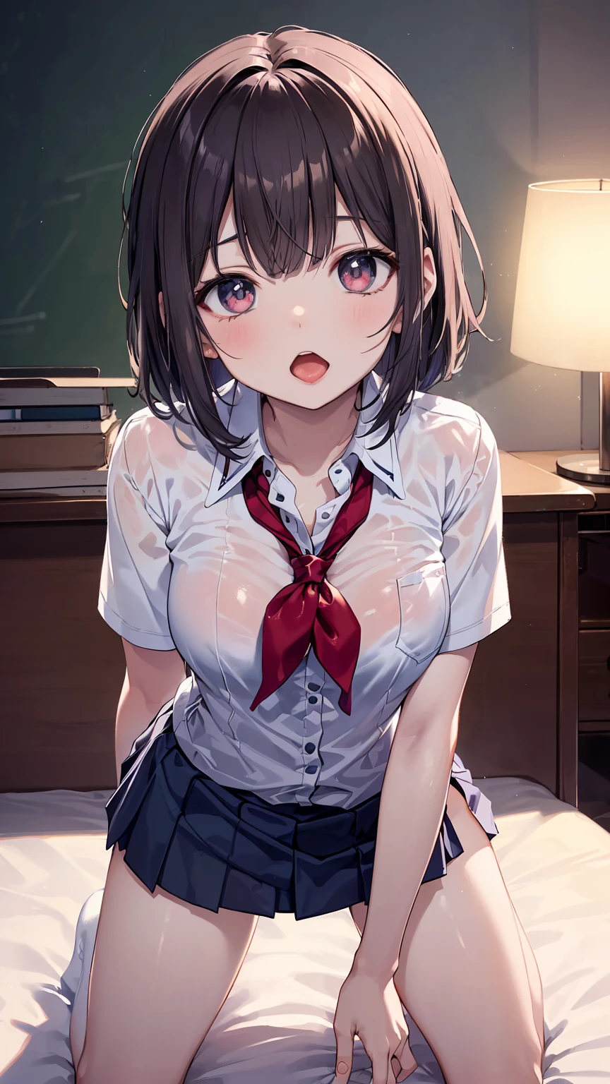 ((最high quality, High resolution, unity 8k wallpaper)), (figure:0.8), (Beautiful eyes:1.6), Highly detailed CG, Night Time, One girl, Black Hair, Large Breasts, hotel, Clear skin, (Hollow Eyes),(masterpiece), wallpaper,high resolution,(窓から夜景が見えるhotel),Intricate details, beautiful, sexly, erotic, Obscene, Noise Reduction,sensuous,Seductive pose,Cute anime face,Dog collar,high quality,Anime Style,sexuell,Shiny Hair,(ラブhotel:1.3,Love bed,On the bed:1.7),Bring out cleavage,Slightly open the mouth,Medium Short Hair,(((sexlyなメイド服:1.4))),((On all fours、put in、Deep joy、Ecstatic Eyes:1.2）,(Side view:1.5）, despair, ((I gasp violently:1.2))、Ecstatic face、I am going to cry、Climax expression、look up、Staring at the ceiling、My whole body is convulsing,