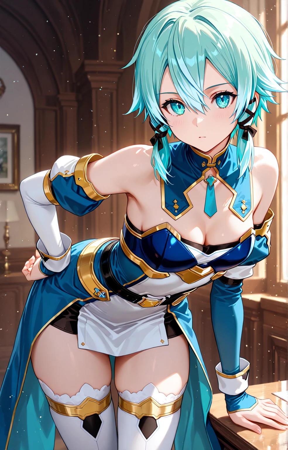 highest quality、unity 8k wallpaper、32k、masterpiece、Very detailed、Ultra-high resolution、Very detailedな顔、RAW Photos、Professional、Ultra-fine painting、Archer of the Sky, Sinon Solus、light blue short hair、Sky blue eyes、Blue magical girl costume、Deep indigo ribbon and large sapphire brooch、(((White pleated skirt with blue lines)))、Blue and white long gloves、Indigo thigh-high stiletto heel boots with gold molding、Antimatter Rifle