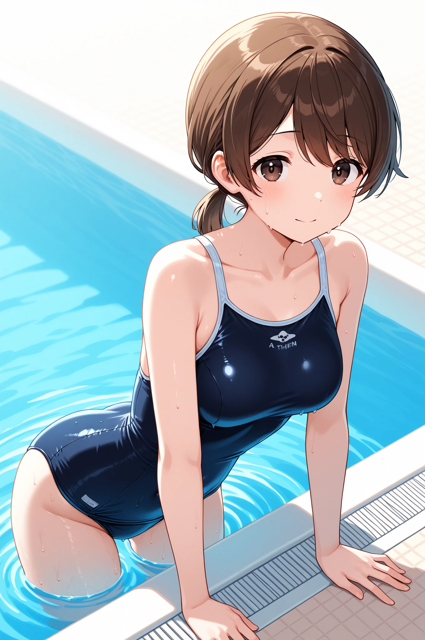 (masterpiece), 8k wallpaper, alone, Watanabe Yo, Are standing, In-person audience,School corridor, Side bust,One piece swimsuit,Low cut at hips, blue eyes, Beautiful and exquisite face and eyes, Half body in the pool , Recall,Wet, (Shiny water droplets:1.2), smile , Leaning forward , Wedge Shape,Exposing her ass , Underarm, adjust,Wink