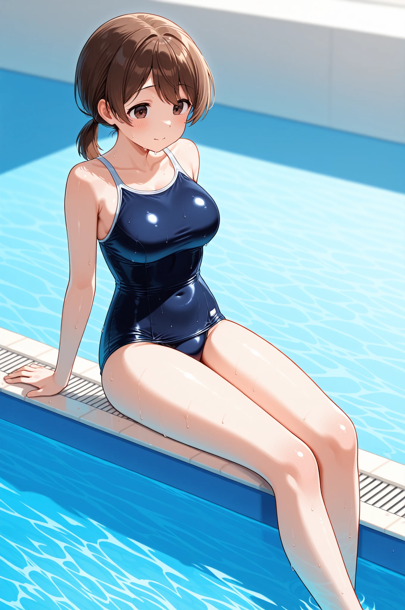 Sitting by the pool, belly leaking, bikini, straight features, head size to body ratio of 1 to 6