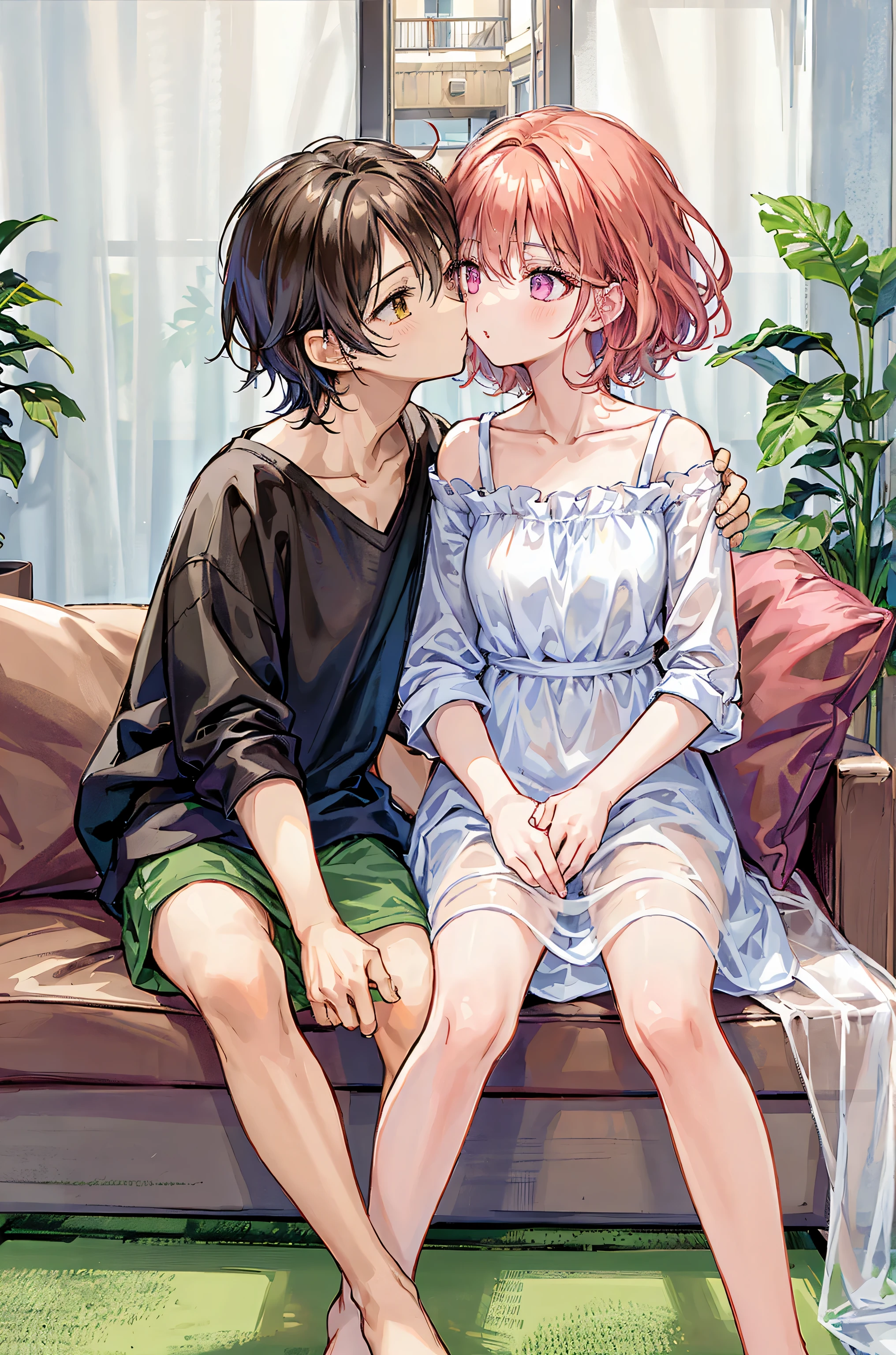 Couple in their 20ale1名, woman1名、Both men and women should wear casual attire.、Shiny atmosphere、woman(Medium long brown hair)close ~ eye、Sweet Sigh、male(Black Short Hair、右手をwomanの頬に当てる)tightly close your eye、With background(room、sofa)、The night deepens、dark、Anatomically correct limbs、The girl is a little thin,fun,Ideal couple,Fingers in the crotch,French kiss