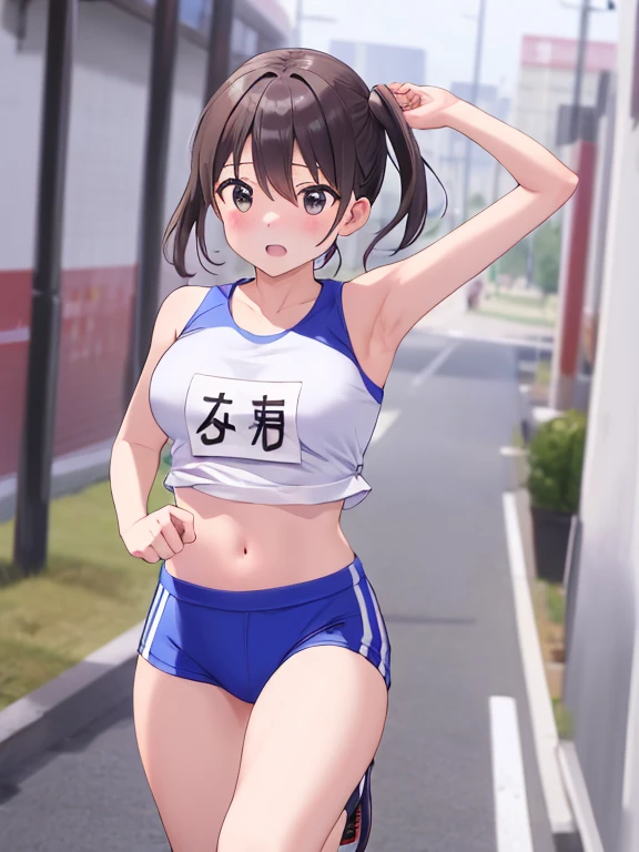 masterpiece, best quality, 1girl, solo, breasts, brown_hair, black_hair, bare_shoulders, underwear, panties, ponytail, cowboy_shot, sweat, small_breasts, outdoors, sky, day, blue_sky, buruma, sports_bra, adjusting_clothes, blue_buruma, sports_bikini, track_uniform, track_and_field, <lora:ega:1>