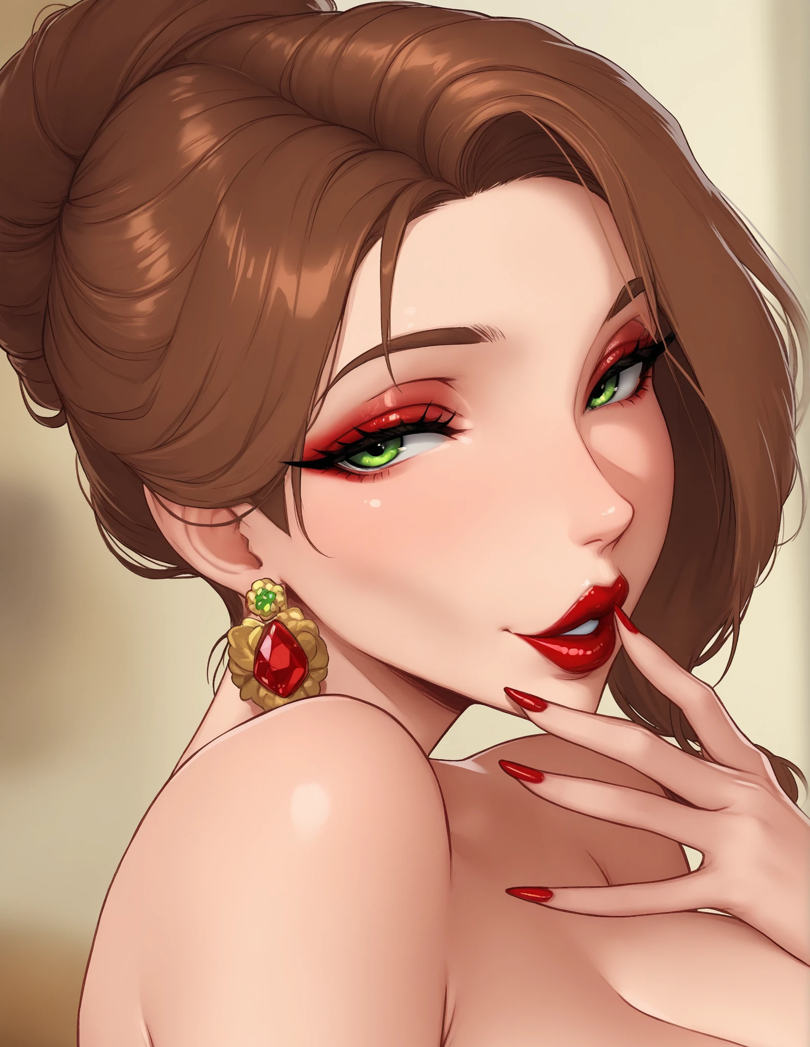Amazing portrait of a woman who is 30 years old and an adult and a sexy woman with a beautiful face emphasized by amazing makeup and beautifully detailed eyes with perfect lips wearing her black hair in a messy bun blushing intensely as she's flustered and lustful wearing some elegant earrings and a black blouse paired with a sheer dark green saree making her look hot with vibrant colors and soft lighting during night time with soft lighting showcasing her red lips and her beautiful face in detail and close up