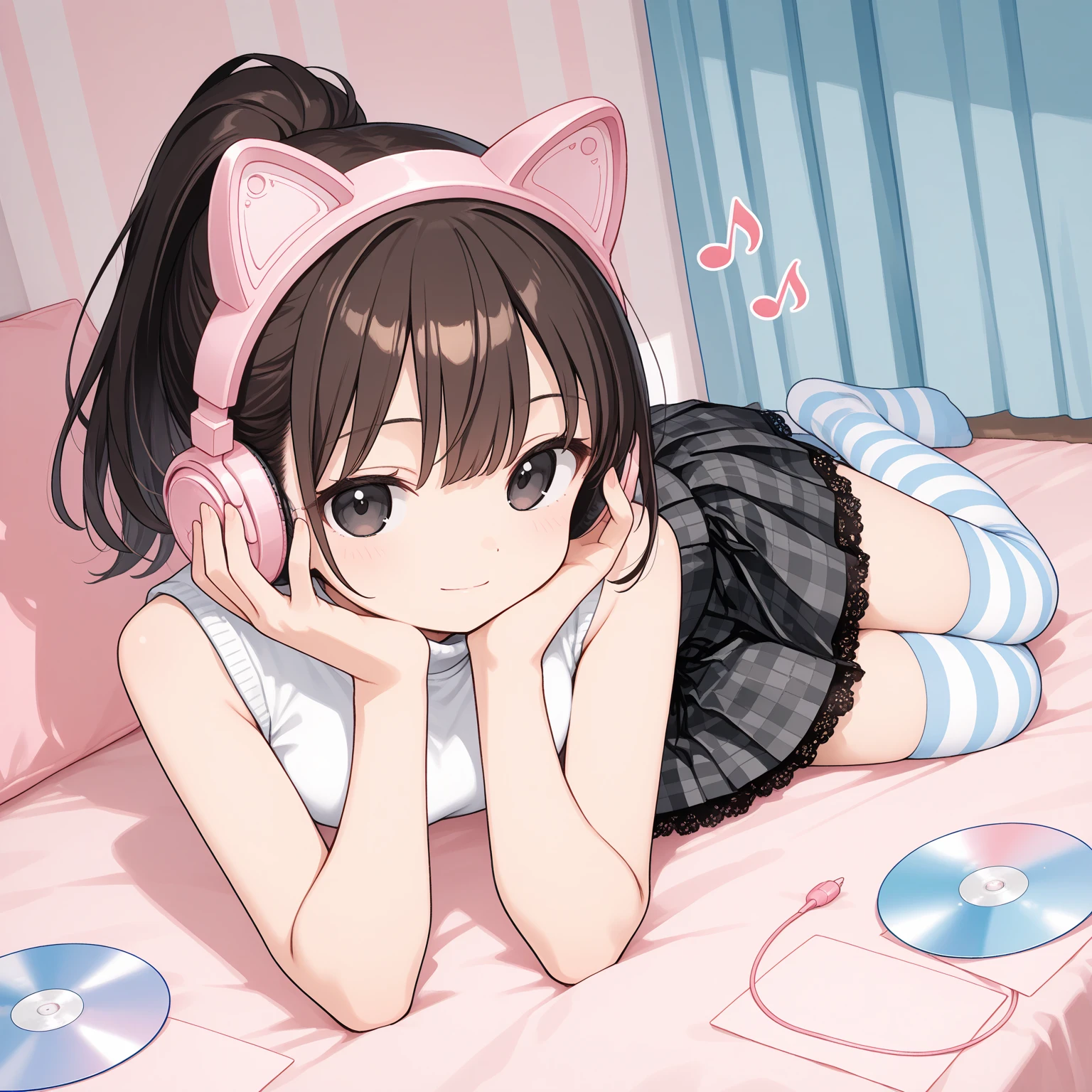 A cute girl with headphones is lying in bed with a cat next to her。And in a cute girly room。Anime Style