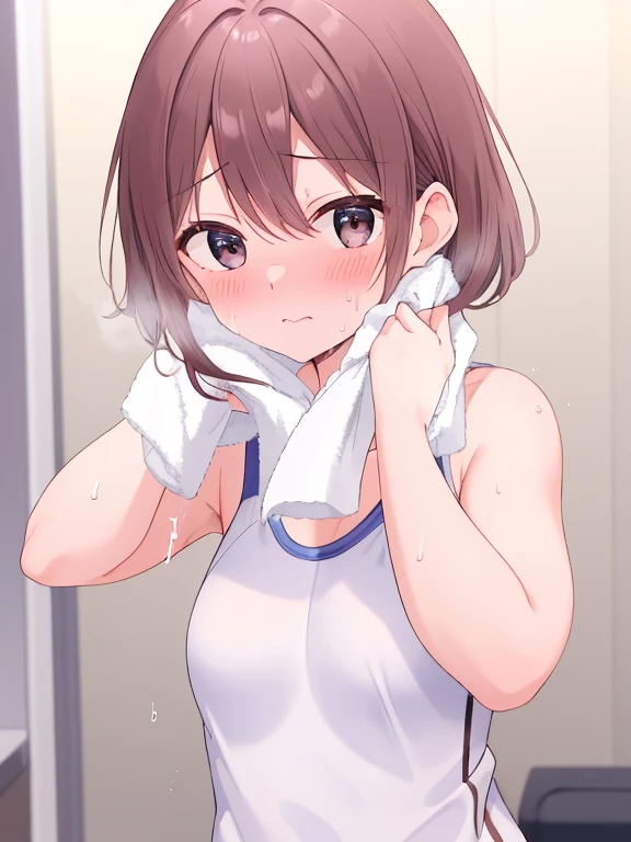Kasumi Nakasu　Yellow-brown hair　Straight Hair　Very Short Hair　Red Eye　Short Bob　whole body　Wrap a white bath towel around your body　shower room　High quality　Soaking wet　smile　I take a shower　slightly larger breasts
