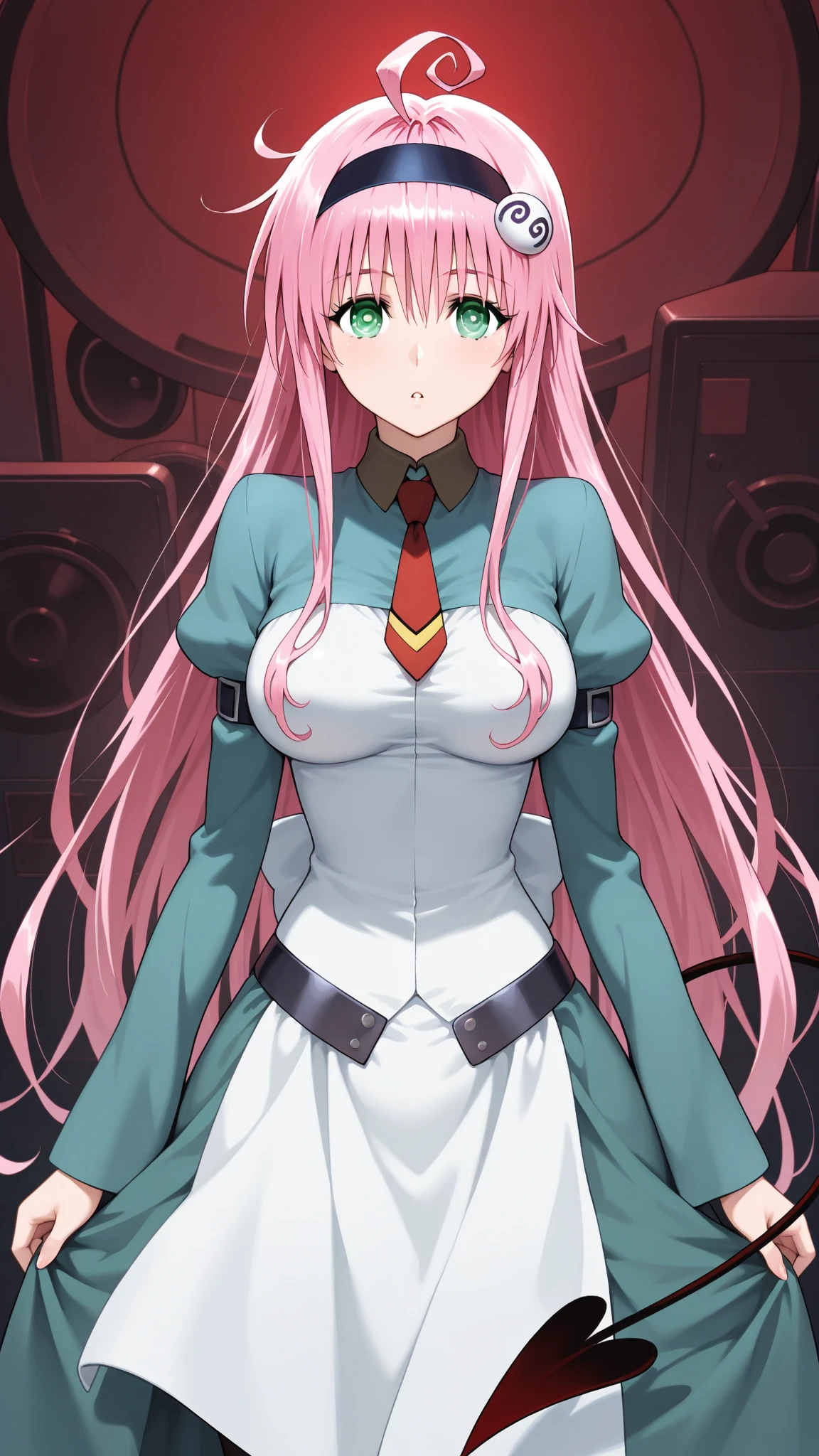zero two \(darling in franxx\), darling in franxx, 1girl, bangs, bite, shadow, green eyes, hair behind head, horns, long hair, looking at viewer, big thighs, makeup, small , pilot suit, white , hood, pink hair, red eyeshadow, science fiction, tight skin, solo